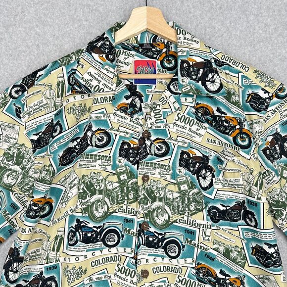 Dem Crazy Shirt Mens L Blue Motorcycles Road Trip All Over Print Travel Novelty - Picture 2 of 15